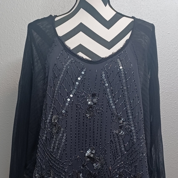 Free People Fairy Grunge Sheer Beaded Sequin Black Boho Distressed Top - Picture 4 of 16